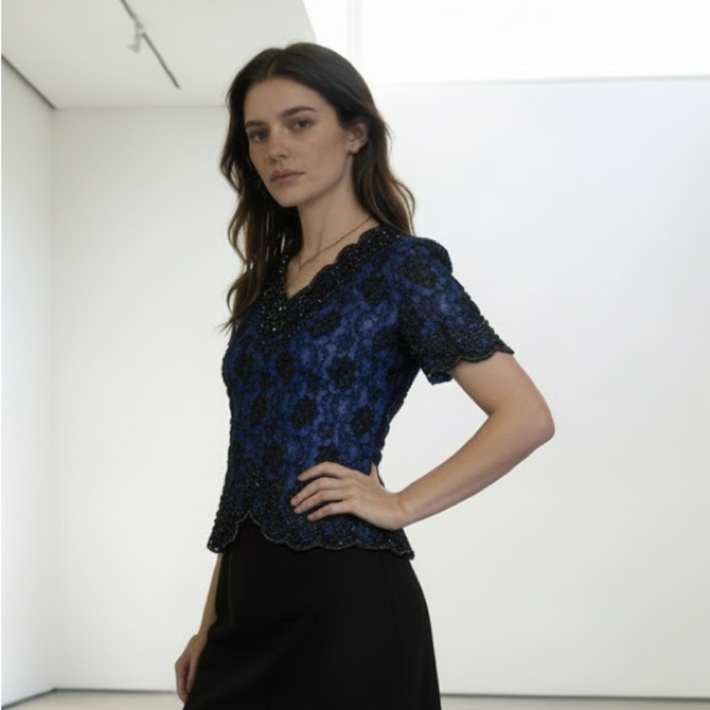 Brilliante by JA Black Beaded Blouse Size Petite large royal blue lining v neck